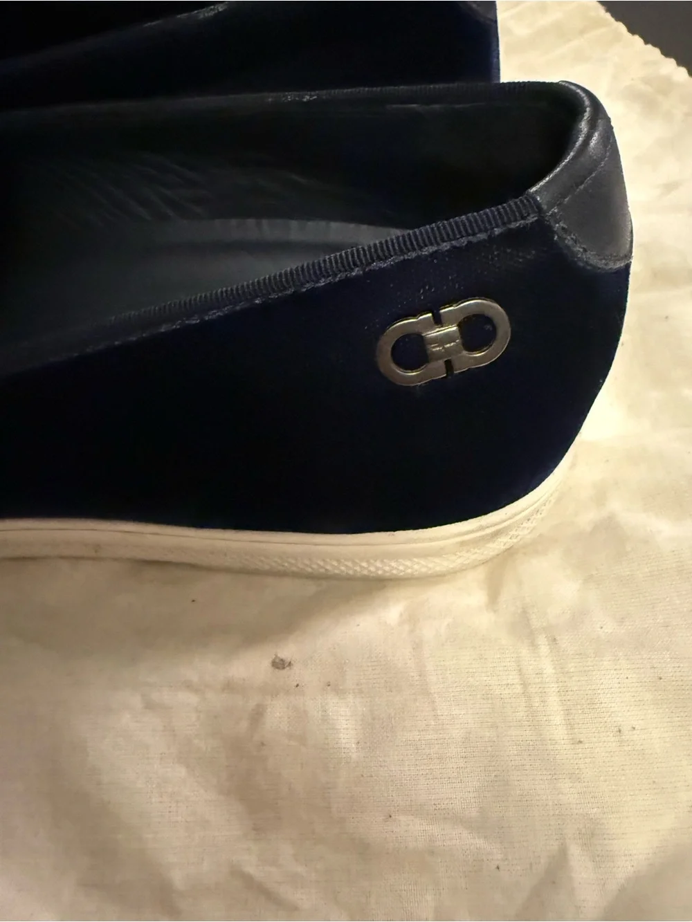 Salvatore Ferragamo Navy Velvet Slip-On Loafers with White Sole